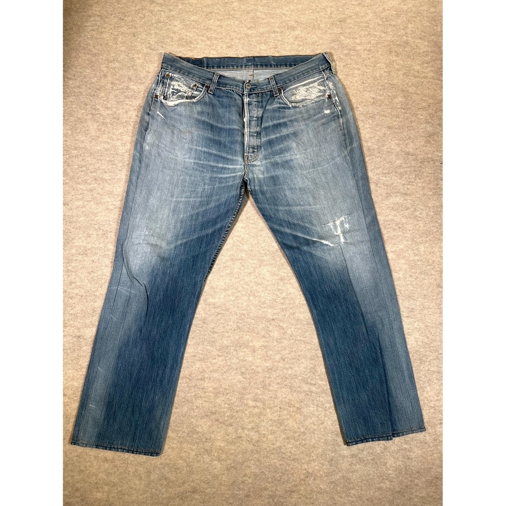 Levis 501 Straight Jeans Mens 38x36 Blue Distressed Denim Cotton Button Fly Logo